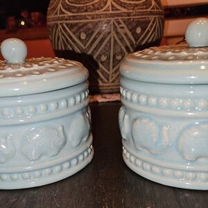 Set Of 2 Cynthia Rowley Sand Elephant Trinket Apothecary Jars w/Lids